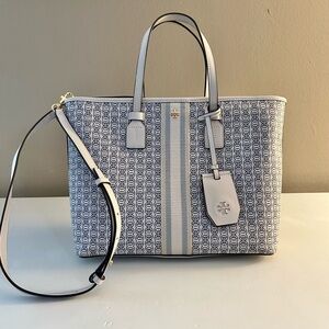 Tory Burch Navy and Cream Chain Print Leather Mini tote with Shoulder Strap